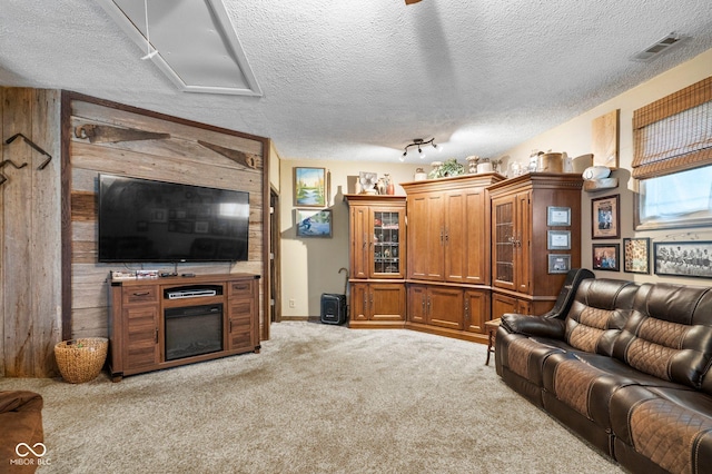 3480 W Broadus Dr, North Vernon, IN 47265 - carpeted living area with a textured ceiling and wood walls