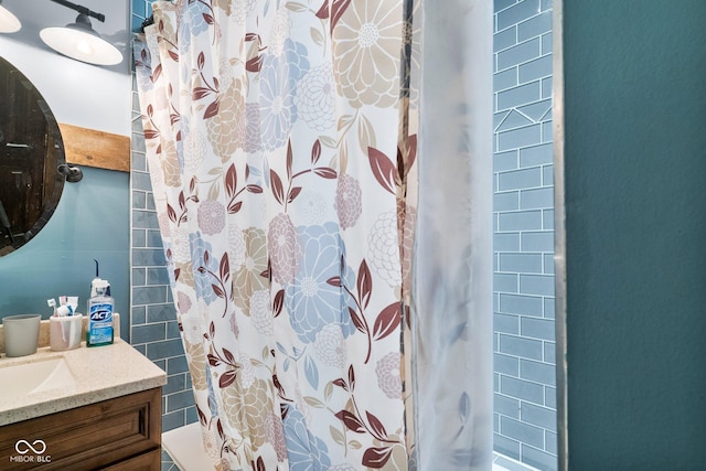 3480 W Broadus Dr, North Vernon, IN 47265 - bathroom with vanity and a shower with shower curtain