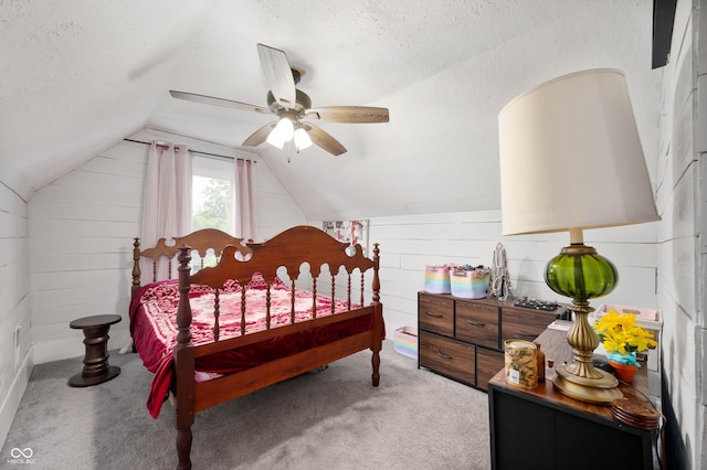 3360 Main St, Plainfield, IN 46168 - bedroom with light colored carpet, vaulted ceiling, a textured ceiling, and ceiling fan