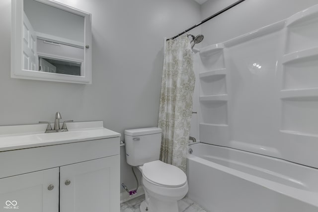 9317 E 36th Pl, Indianapolis, IN 46235 - full bath with marble finish floors, vanity, shower / bath combo with shower curtain, and toilet