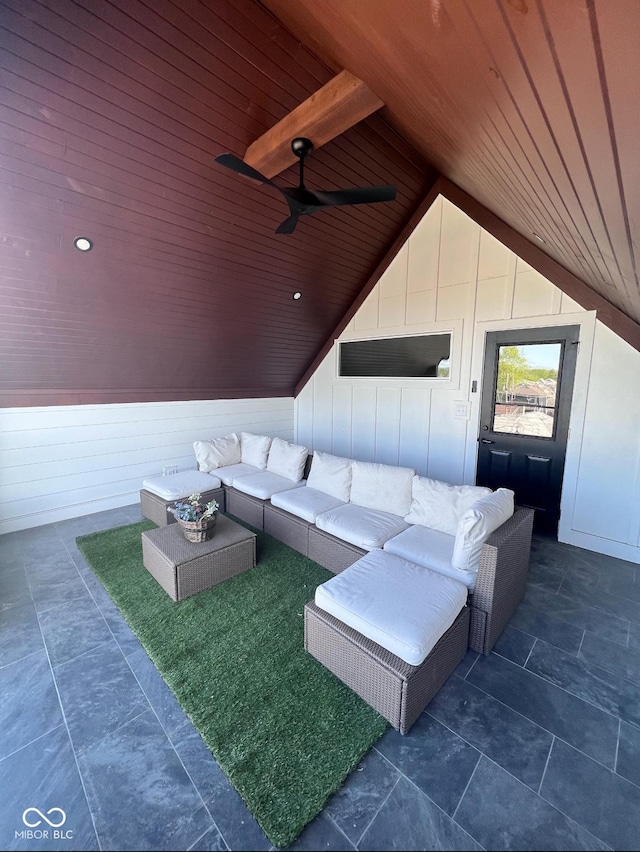 811 E Minnesota St, Indianapolis, IN 46203 - living room featuring wood ceiling, lofted ceiling, a ceiling fan, and wood walls