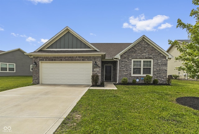 11815 Adair Pl, Indianapolis, IN 46229 - view of front of house with board and batten siding, brick siding, a front yard, and concrete driveway