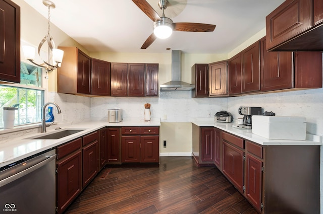 2618 High St, New Castle, IN 47362 - kitchen featuring wall chimney exhaust hood, dishwasher, a sink, ceiling fan, and dark wood-style floors