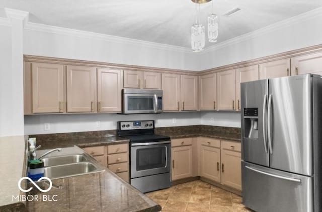 4689 Muscatine Way, Westfield, IN 46062 - kitchen featuring stainless steel appliances, a sink, ornamental molding, hanging light fixtures, and light tile patterned floors