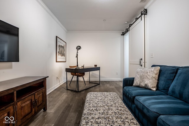 435 Virginia Ave Unit 106, Indianapolis, IN 46203 - living room featuring a barn door, dark wood-style floors, crown molding, baseboards, and a desk