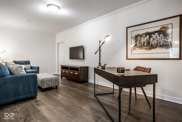 435 Virginia Ave Unit 106, Indianapolis, IN 46203 - living room featuring crown molding, dark wood-type flooring, a desk, and baseboards