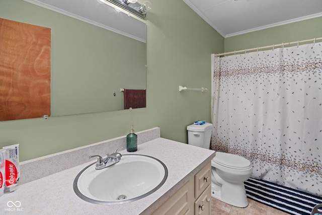 124 Knox Dr, West Lafayette, IN 47906 - full bathroom with vanity, toilet, crown molding, curtained shower, and tile patterned flooring