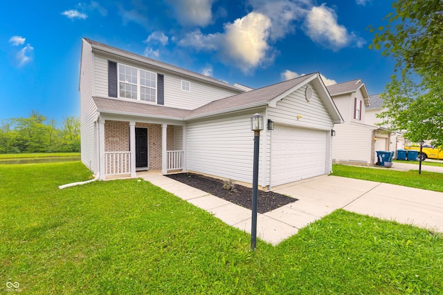 4056 Orchard Valley Ln, Indianapolis, IN 46235 - traditional-style home featuring an attached garage, a front yard, driveway, covered porch, and brick siding