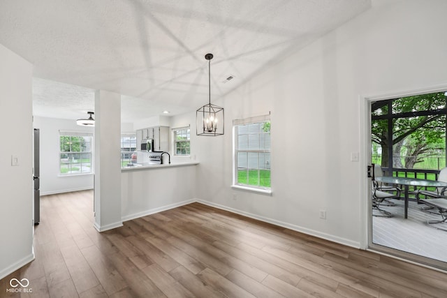 7061 Woodgate Cir, Fishers, IN 46038 - unfurnished dining area featuring a chandelier, healthy amount of natural light, dark wood-type flooring, baseboards, and a textured ceiling