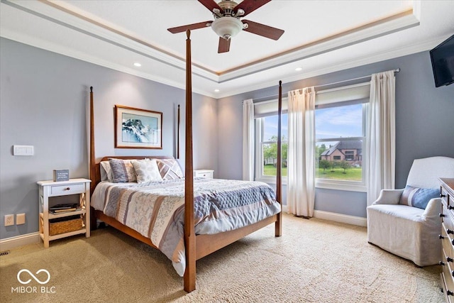 14711 Macduff Dr, Noblesville, IN 46062 - bedroom with a raised ceiling, light colored carpet, ornamental molding, baseboards, and recessed lighting