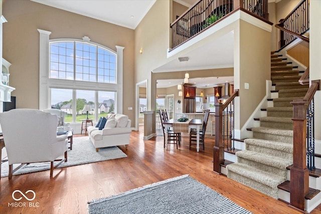 14711 Macduff Dr, Noblesville, IN 46062 - living area with a high ceiling, wood finished floors, stairs, and baseboards
