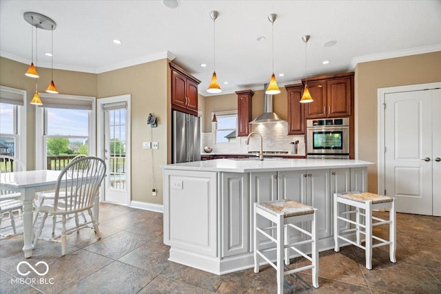 14711 Macduff Dr, Noblesville, IN 46062 - kitchen featuring stainless steel appliances, backsplash, light countertops, ornamental molding, and baseboards