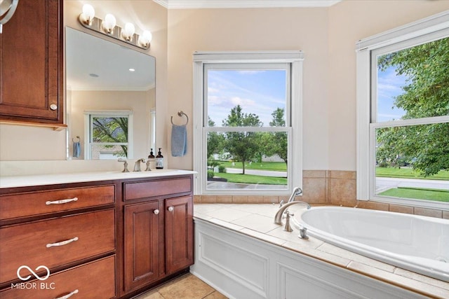 14711 Macduff Dr, Noblesville, IN 46062 - full bathroom with ornamental molding, vanity, a garden tub, healthy amount of natural light, and tile patterned flooring