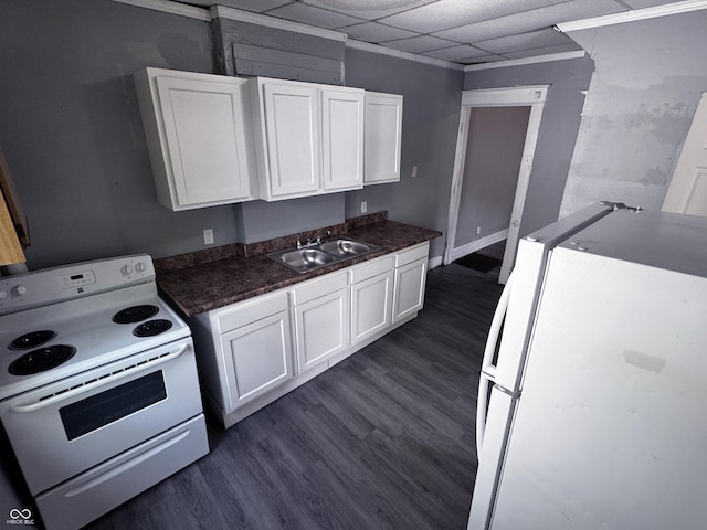 3502 N Kenwood Ave, Indianapolis, IN 46208 - kitchen with white appliances, white cabinetry, a sink, dark wood-type flooring, and dark countertops