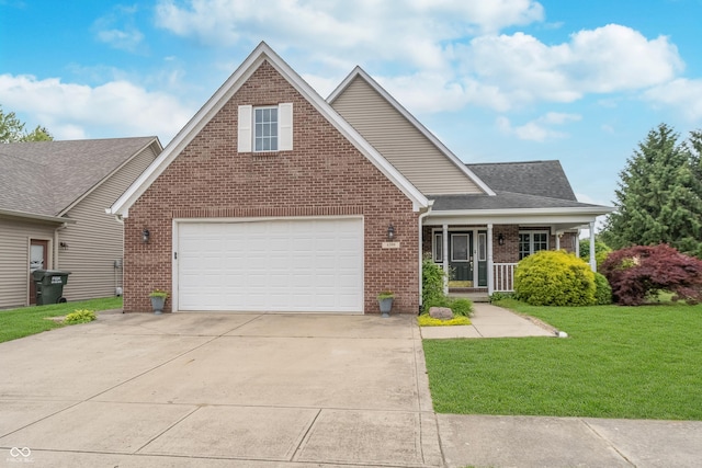 4399 Summerhaven Dr, New Palestine, IN 46163 - traditional-style house featuring brick siding, a front yard, concrete driveway, a garage, and a porch