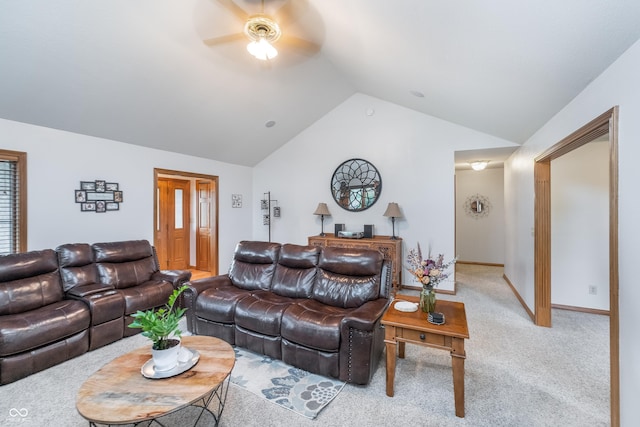 4399 Summerhaven Dr, New Palestine, IN 46163 - living room featuring ceiling fan, light colored carpet, and lofted ceiling