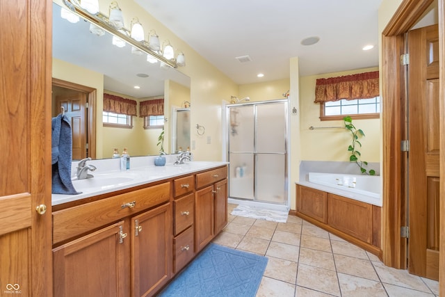 4399 Summerhaven Dr, New Palestine, IN 46163 - bathroom with a shower stall, a garden tub, double vanity, and healthy amount of natural light