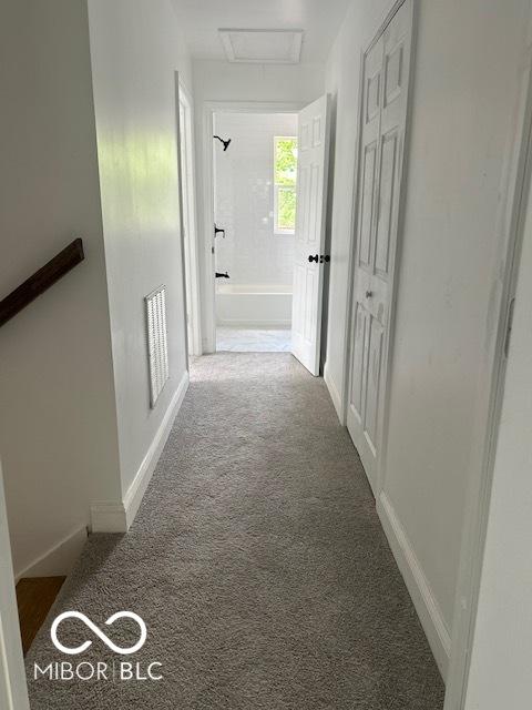 2936 Guilford Ave, Indianapolis, IN 46205 - corridor featuring carpet flooring, baseboards, and attic access