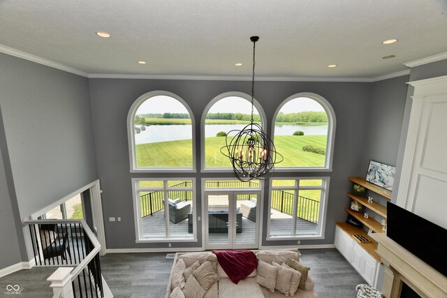 5758 N 900 W, Thorntown, IN 46071 - living room with a chandelier, a water view, healthy amount of natural light, recessed lighting, and ornamental molding