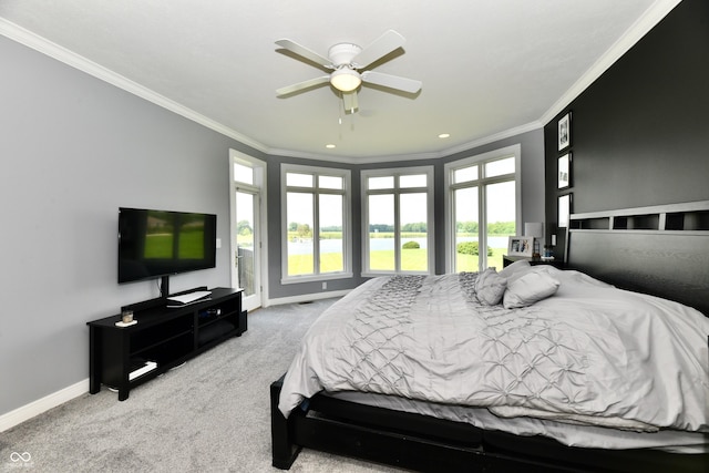 5758 N 900 W, Thorntown, IN 46071 - carpeted bedroom with crown molding, baseboards, access to exterior, recessed lighting, and a ceiling fan