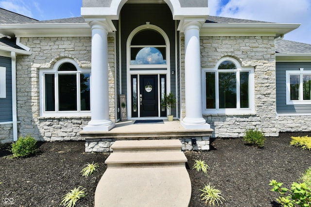 5758 N 900 W, Thorntown, IN 46071 - doorway to property with stone siding and a shingled roof