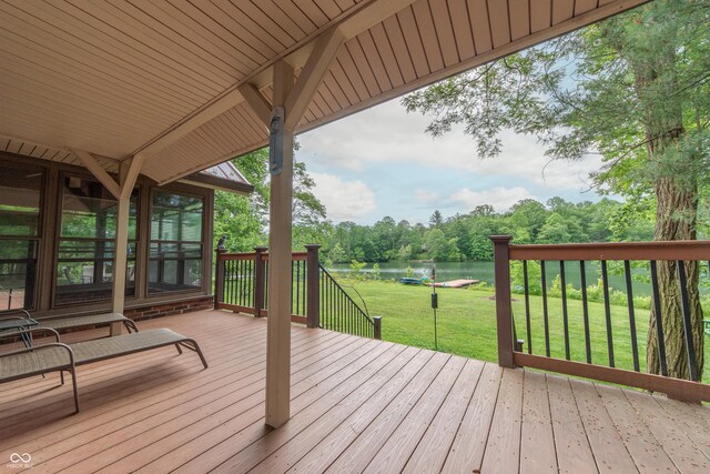 5821 Bittersweet Rd, Morgantown, IN 46160 - wooden terrace featuring a water view, a yard, and view of wooded area