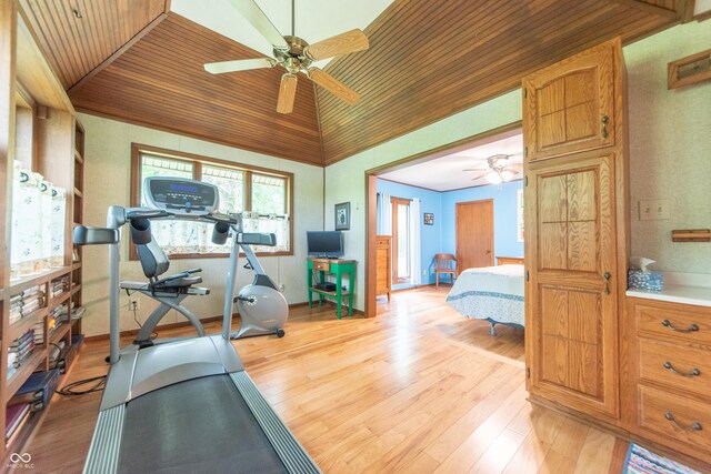 5821 Bittersweet Rd, Morgantown, IN 46160 - workout room featuring a ceiling fan, light wood-style flooring, vaulted ceiling, and wood ceiling