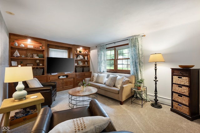 1495 E 240 N, Anderson, IN 46012 - living room featuring light carpet, a baseboard heating unit, and built in features