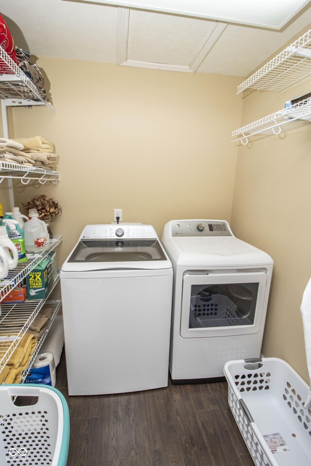 917 E Mill Creek Rd S, Greensburg, IN 47240 - laundry room with independent washer and dryer, dark wood-type flooring, and attic access