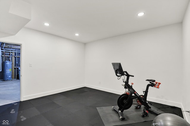 1364 Chatham Hills Blvd, Westfield, IN 46074 - workout room featuring water heater, baseboards, and recessed lighting