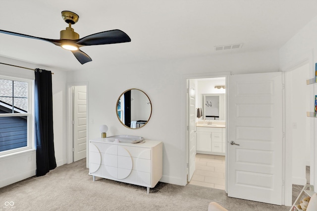 1364 Chatham Hills Blvd, Westfield, IN 46074 - bedroom with light colored carpet, a sink, baseboards, ensuite bath, and a ceiling fan