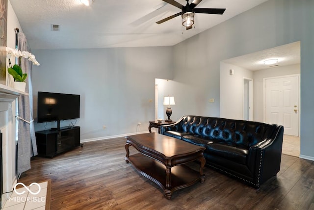 444 Austin Dr, Avon, IN 46123 - living area with ceiling fan, dark wood-type flooring, baseboards, and high vaulted ceiling