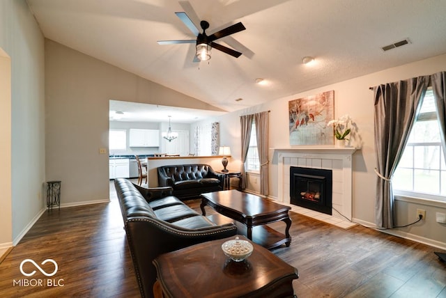 444 Austin Dr, Avon, IN 46123 - living area featuring a ceiling fan, wood finished floors, lofted ceiling, and healthy amount of natural light