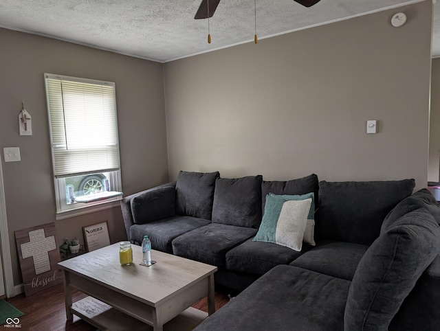 13 Thomas St, North Vernon, IN 47265 - living area featuring a ceiling fan, dark wood finished floors, and a textured ceiling
