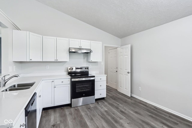 12250 Longstraw Dr, Indianapolis, IN 46236 - kitchen with stainless steel range with electric stovetop, a sink, dishwasher, under cabinet range hood, and vaulted ceiling