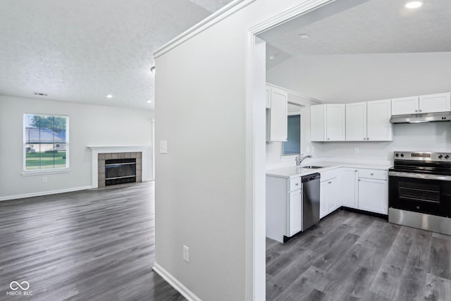 12250 Longstraw Dr, Indianapolis, IN 46236 - kitchen with stainless steel appliances, under cabinet range hood, white cabinetry, a sink, and a textured ceiling