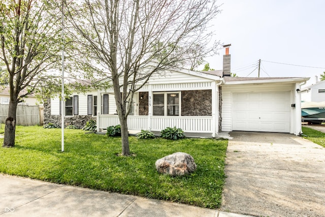 315 Schoolhouse Rd, Franklin, IN 46131 - ranch-style home with stone siding, an attached garage, concrete driveway, and a chimney