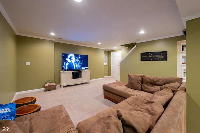 13271 Aquamarine Dr, Carmel, IN 46033 - living area with recessed lighting, light carpet, and crown molding