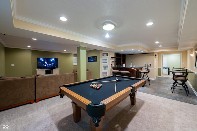 13271 Aquamarine Dr, Carmel, IN 46033 - game room with a raised ceiling, wet bar, crown molding, recessed lighting, and billiards table