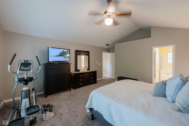 13271 Aquamarine Dr, Carmel, IN 46033 - bedroom with vaulted ceiling, carpet floors, a ceiling fan, and ensuite bath