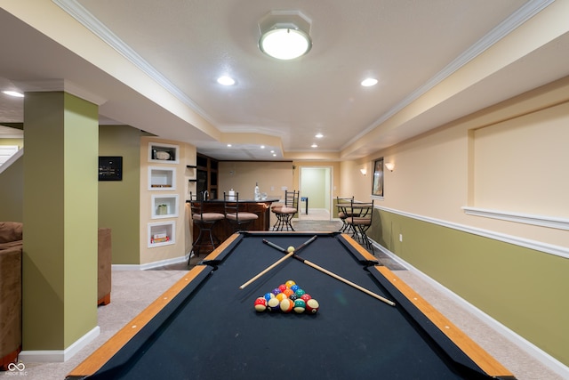 13271 Aquamarine Dr, Carmel, IN 46033 - rec room with bar, recessed lighting, crown molding, billiards, and carpet floors