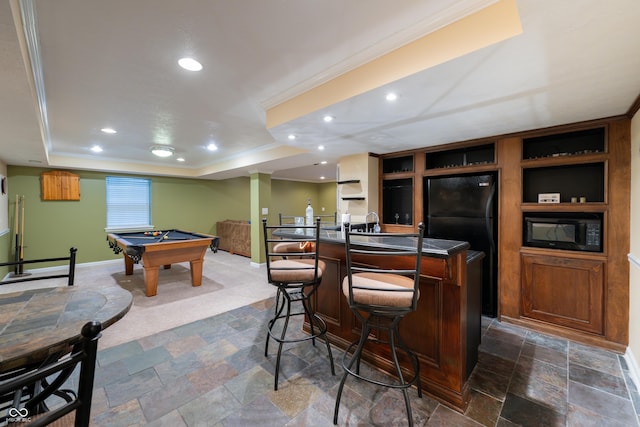 13271 Aquamarine Dr, Carmel, IN 46033 - indoor bar with black appliances, billiards table, recessed lighting, dark stone finish flooring, and crown molding