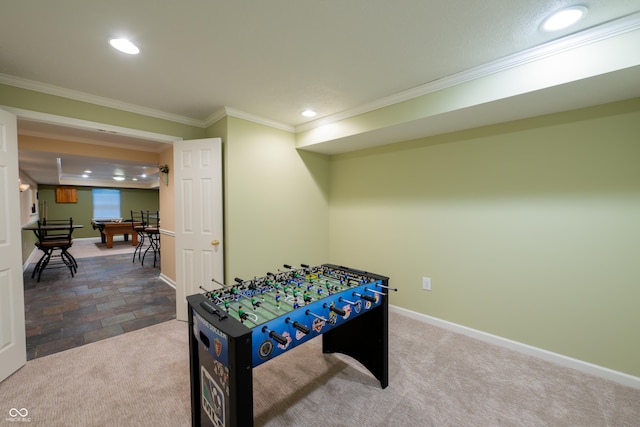 13271 Aquamarine Dr, Carmel, IN 46033 - playroom featuring carpet, recessed lighting, ornamental molding, and stone finish floors