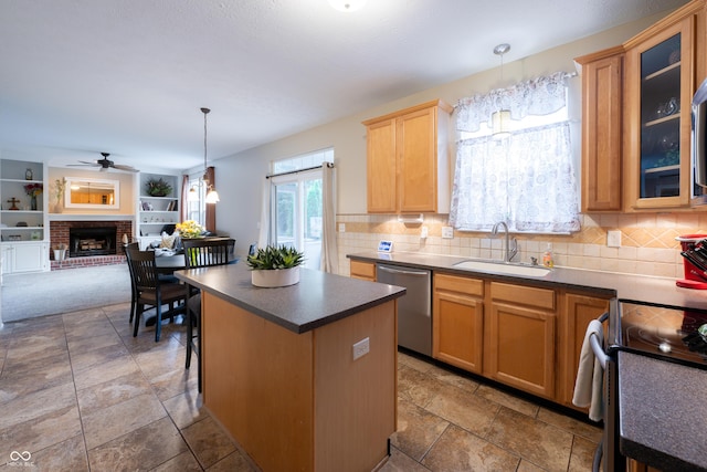 13271 Aquamarine Dr, Carmel, IN 46033 - kitchen featuring stainless steel dishwasher, range with electric cooktop, dark countertops, a ceiling fan, and glass insert cabinets