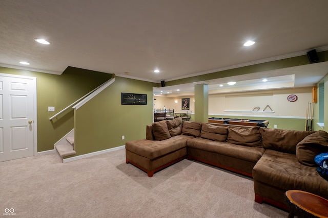 13271 Aquamarine Dr, Carmel, IN 46033 - living area featuring ornamental molding, recessed lighting, stairway, light carpet, and pool table