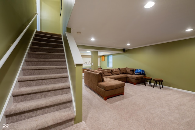 13271 Aquamarine Dr, Carmel, IN 46033 - stairs featuring ornamental molding, carpet, and recessed lighting