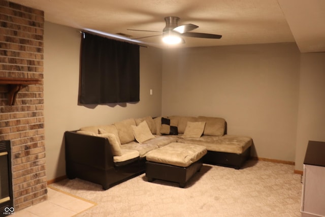 651 N 900 E, Lafayette, IN 47905 - carpeted living room with a ceiling fan, a brick fireplace, and baseboards