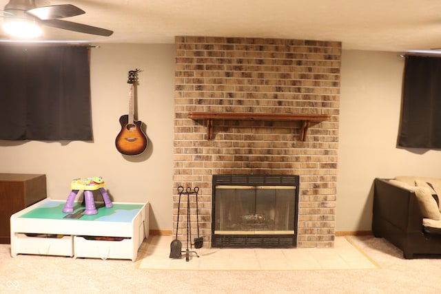 651 N 900 E, Lafayette, IN 47905 - carpeted living room featuring ceiling fan, a brick fireplace, and baseboards