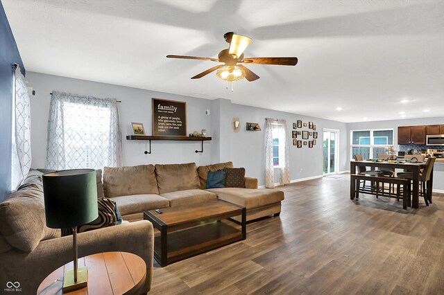 6645 Honeysuckle Way, Pendleton, IN 46064 - living area featuring a ceiling fan, dark wood-type flooring, baseboards, and recessed lighting