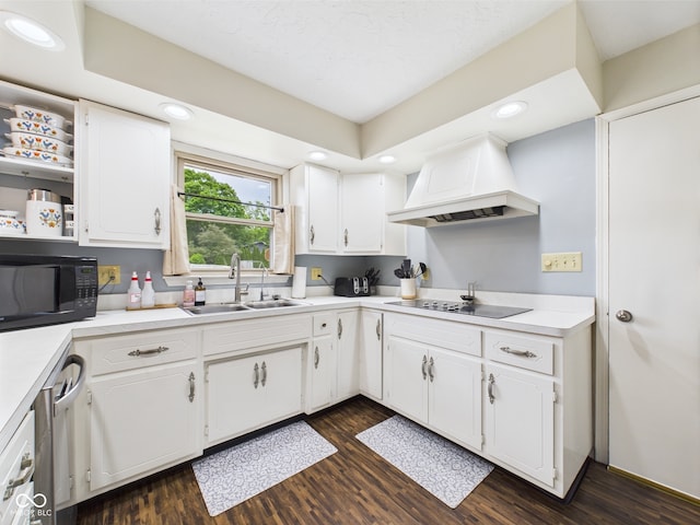 5542 N Olivia Dr, Alexandria, IN 46001 - kitchen featuring a sink, custom exhaust hood, black appliances, white cabinetry, and recessed lighting